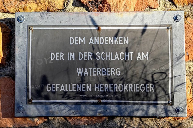 Memorial plaque for the Herero who fell at Waterberg at the German military cemetery at Waterberg, Otjozondjupa region, Namibia
