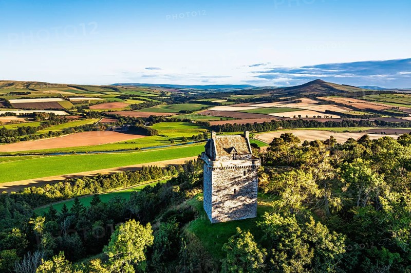 Fatlips Castle from a drone, Minto Crags, River Teviot, Roxburghshire, Scottish Borders, Scotland, UK