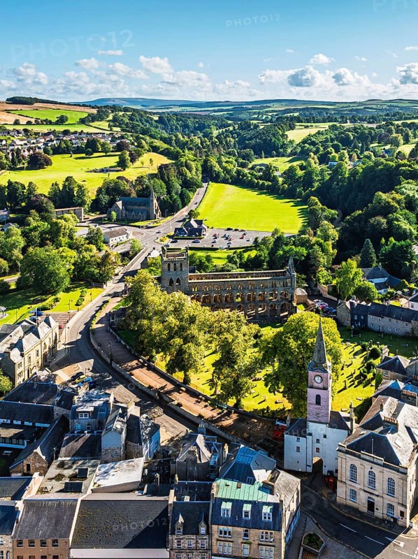 Jedburgh Abbey from a drone, Augustinian Abbey, Jedburgh, Scottish Borders, Scotland, UK