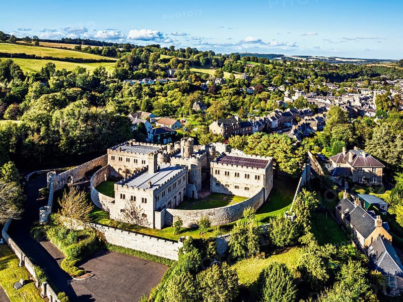Jedburgh Castle from a drone, Jedburgh, Scottish Borders, Scotland, UK
