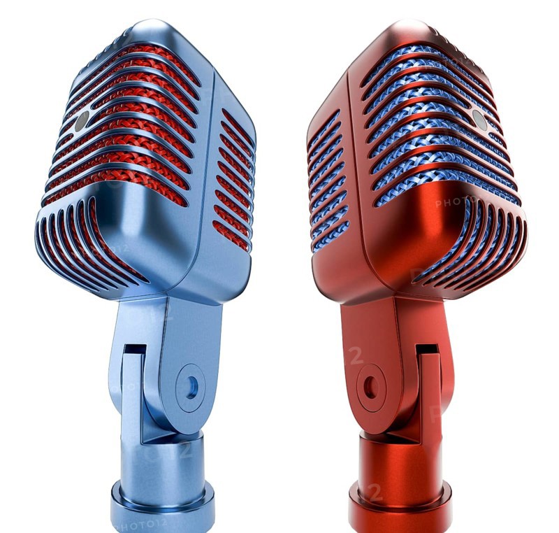 Red and blue classic vintage microphone set isolated on a white background