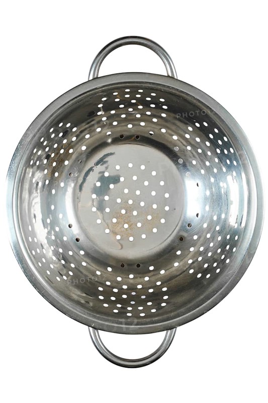Top view of empty stainless steel colander isolated on white background