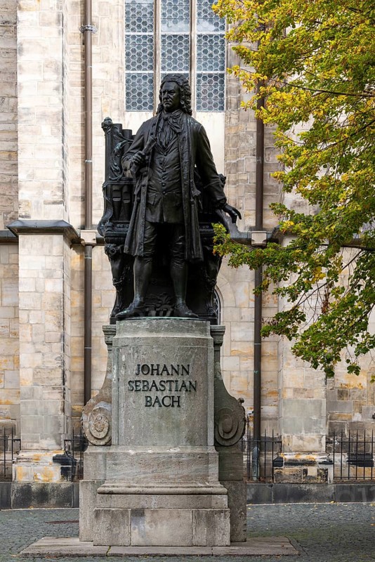 Johann Sebastion Bach statue in front of St Thomas' Church, Leipzig, Saxony, Germany