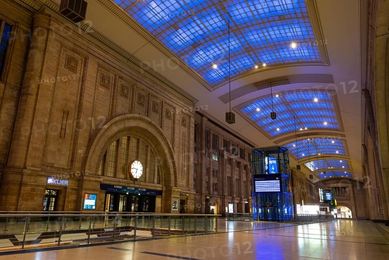 Entrance hall, Blue Hour, Central Station, Leipzig, Saxony, Germany