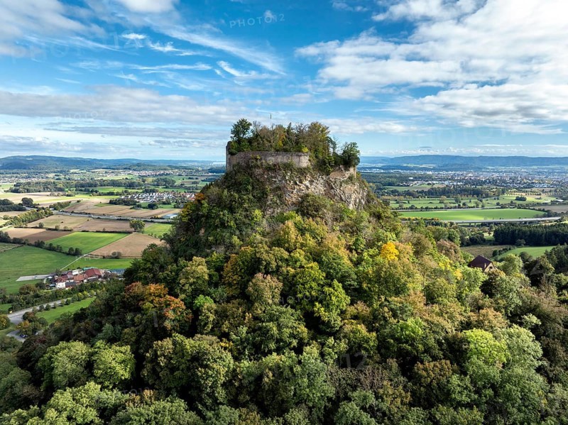 Aerial view of the Hegau volcano and the Hohenkrähen castle ruins, district of Constance, Baden-Württemberg, Germany