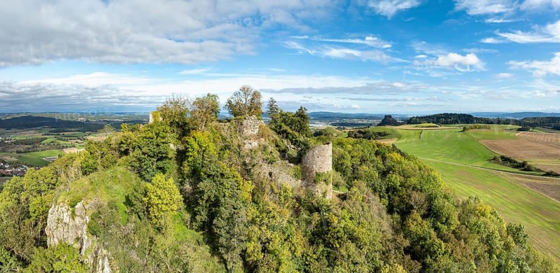 Aerial view, panorama of the Hegau volcano and the Mägdeberg castle ruins, with the Hohenkrähen on the horizon, district of Constance, Baden-Württemberg, Germany