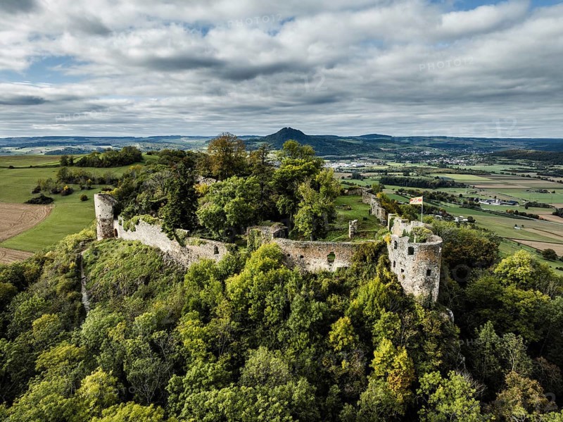 Aerial view of the Hegau volcano and the Mägdeberg castle ruins, with Hohenhewen on the horizon, district of Constance, Baden-Württemberg, Germany