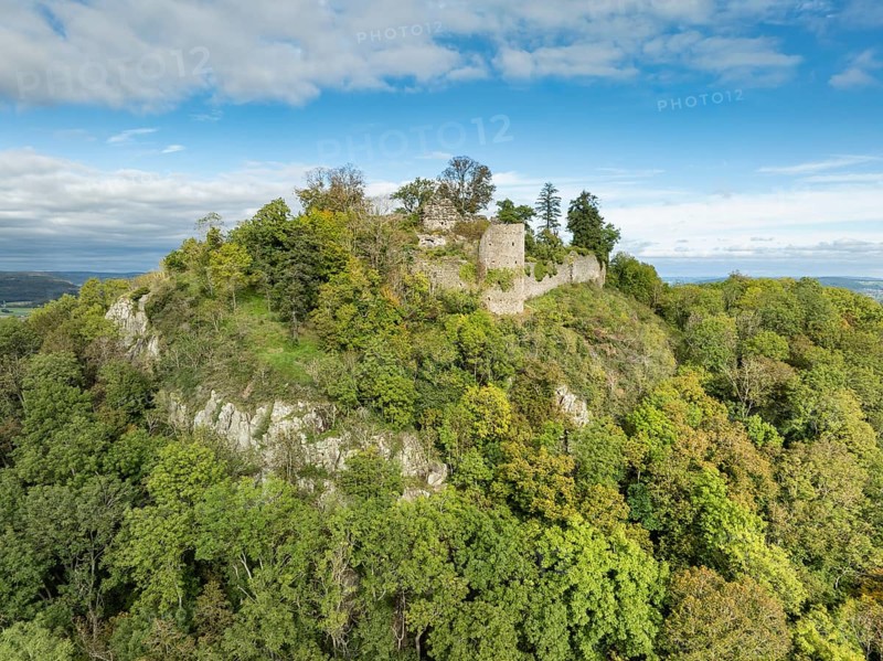 Aerial view of the Hegau volcano and the Mägdeberg castle ruins, district of Constance, Baden-Württemberg, Germany