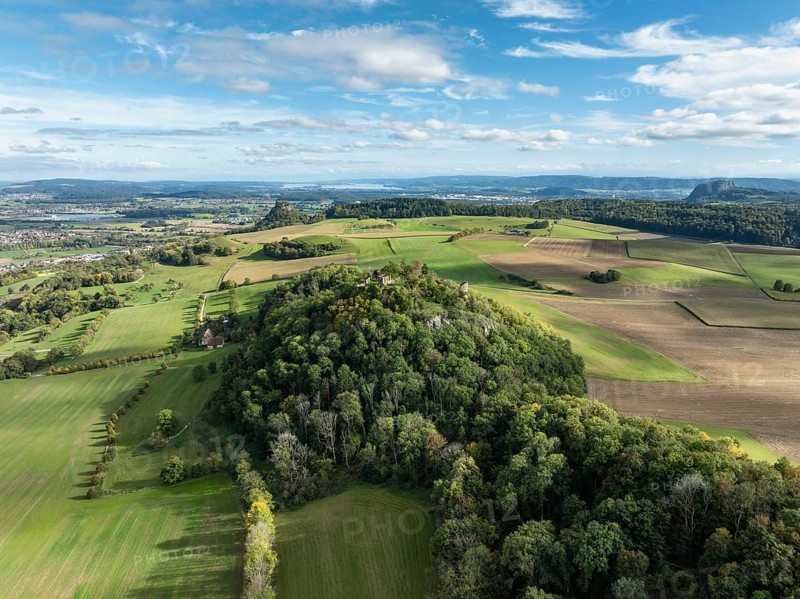 Aerial view of the Hegau volcano and the Mägdeberg castle ruins, on the horizon the Hohenkrähen and Lake Constance, on the far right the Hphentwiel, district of Constance, Baden-Württemberg, Germany