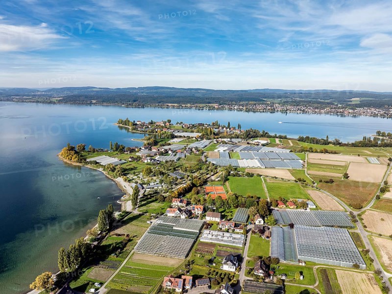 Aerial view of the north-western tip of the island of Reichenau in Lake Constance, with the district of Niederzell and the columned basilica of St Peter and Paul and the Sandseele campsite and lido, district of Constance, Baden-Württemberg, Germany