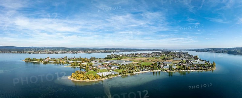 Aerial view, panorama of the island of Reichenau in Lake Constance, district of Constance, Baden-Württemberg, Germany