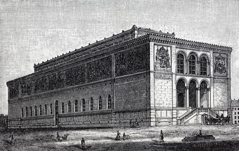 Neue Pinakothek in Munich, historical book illustration, wood engraving