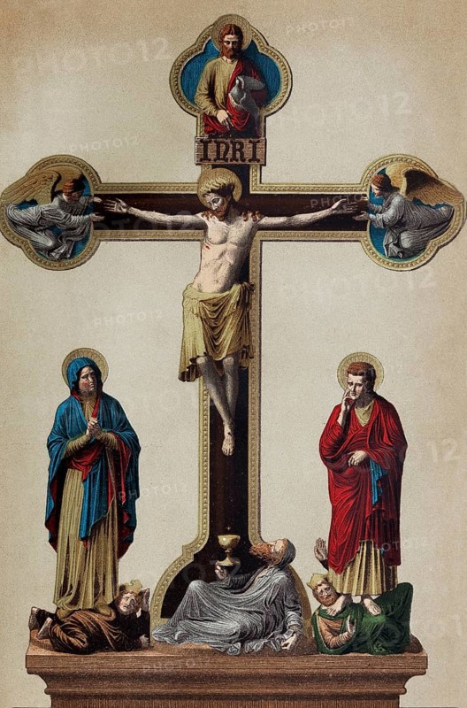 Crucifixion group from Wechselburg Abbey in Saxony, historical book illustration, colour lithograph