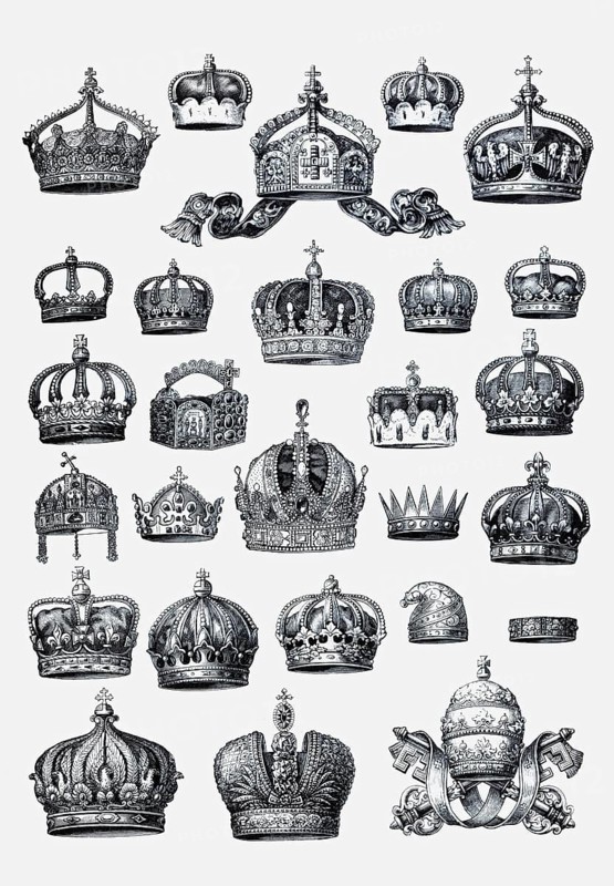 Plate with crowns of emperors, kings, princes, dukes and pope, historical book illustration, steel engraving