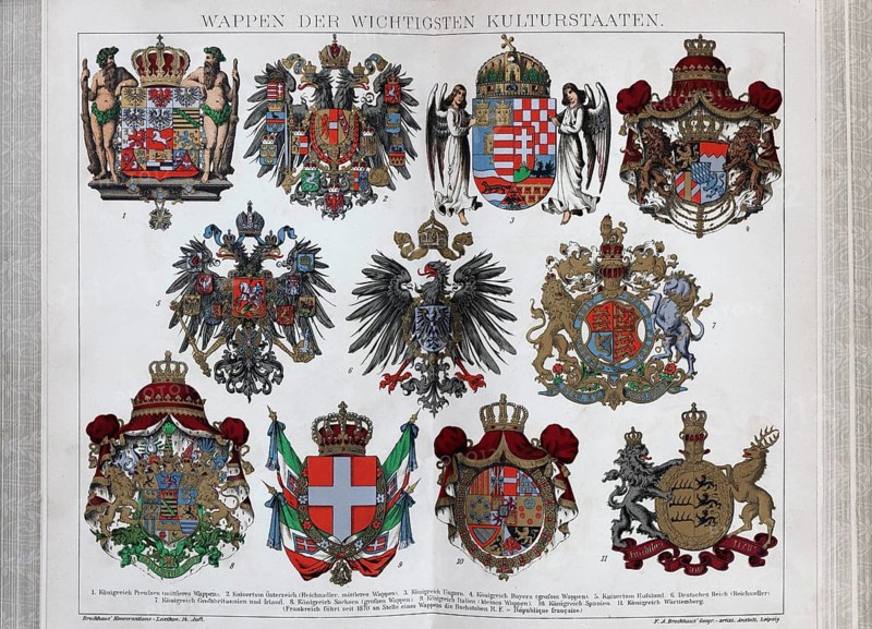 Coats of arms of the most important cultural states, kingdoms and empires of the 19th century, historical book illustration, colour lithograph