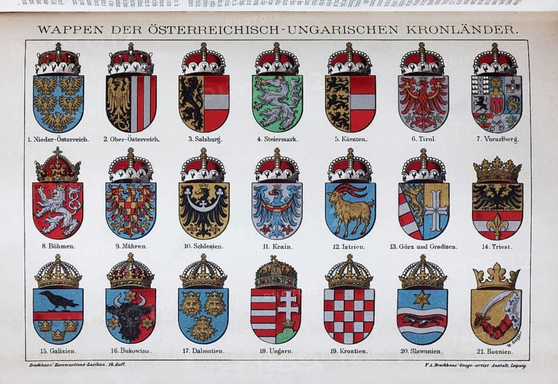 Coat of arms of the Austro-Hungarian Crown Lands around 1900, k. u. k. Monarchy, historical book illustration, colour lithograph