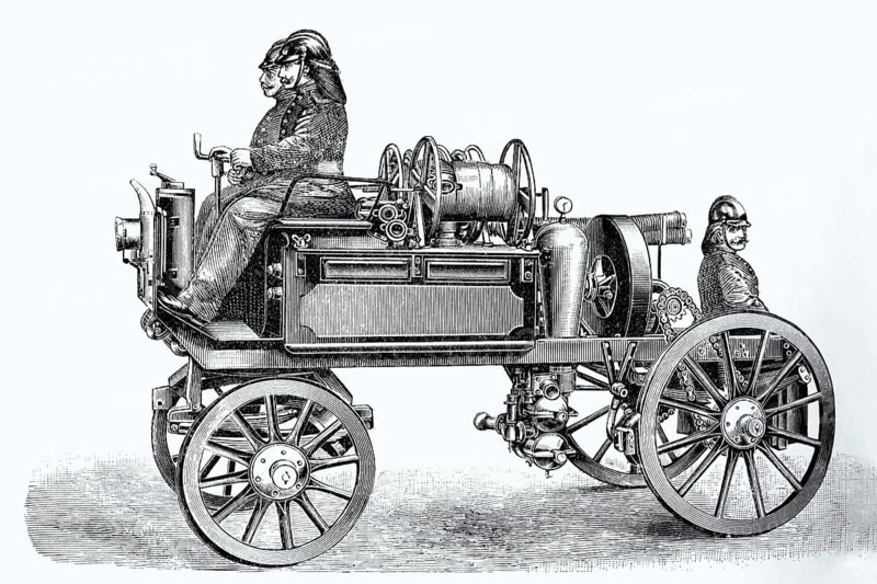 Fire engine with firemen around 1900, historical book illustration, wood engraving
