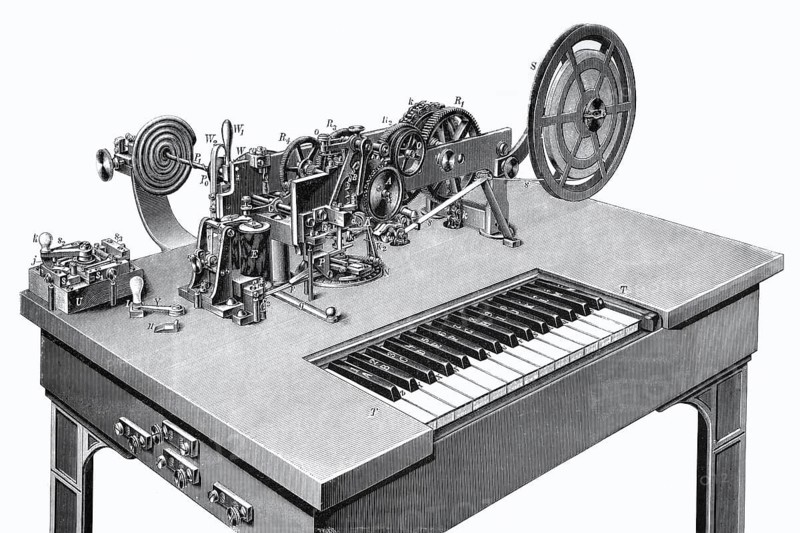 Typewritten telegraph after David Edward Hughes, telegraphy in the 19th century, historical book illustration, steel engraving