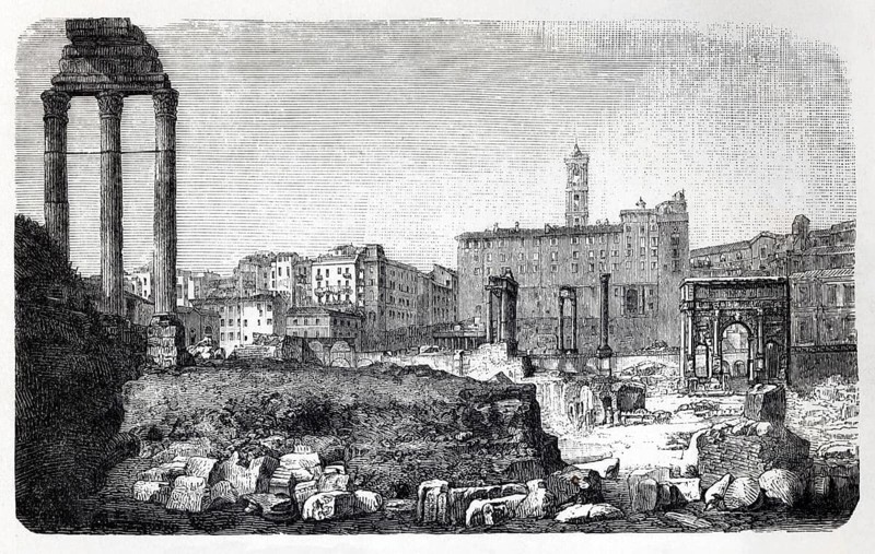 Roman Forum in Rome, historical book illustration, wood engraving