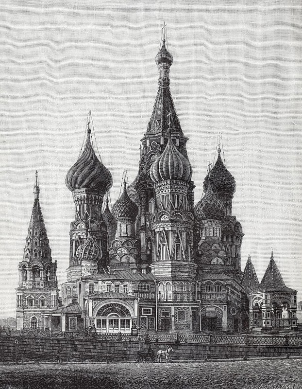 St Basil's Cathedral in Moscow, historical book illustration, wood engraving