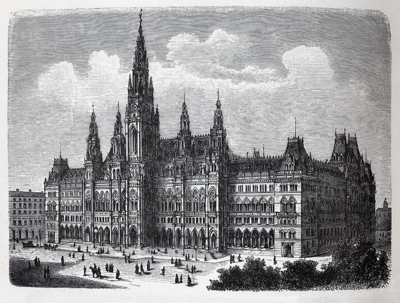 Vienna City Hall, Austria, historical book illustration, wood engraving