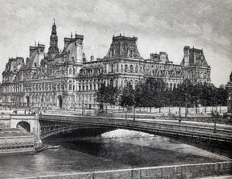 Hotel de Ville and Ponte d, ' Arcole in Paris, historical view, steel engraving, Brockhaus Konversations-Lexikon from 1908