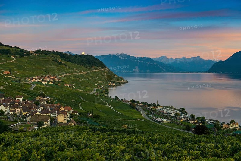 Picturesque village in the vineyards by the lake, Epesses, sunset, full moon, Lavaux, UNESCO World Heritage Site, Lake Geneva, Lac Léman, Canton of Vaud, Switzerland