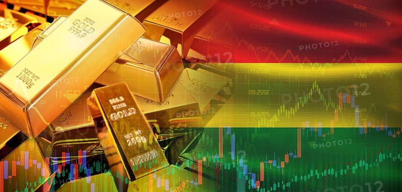 Gold bars stacked on Bolivian flag. Bolivia gold reserves, Concept