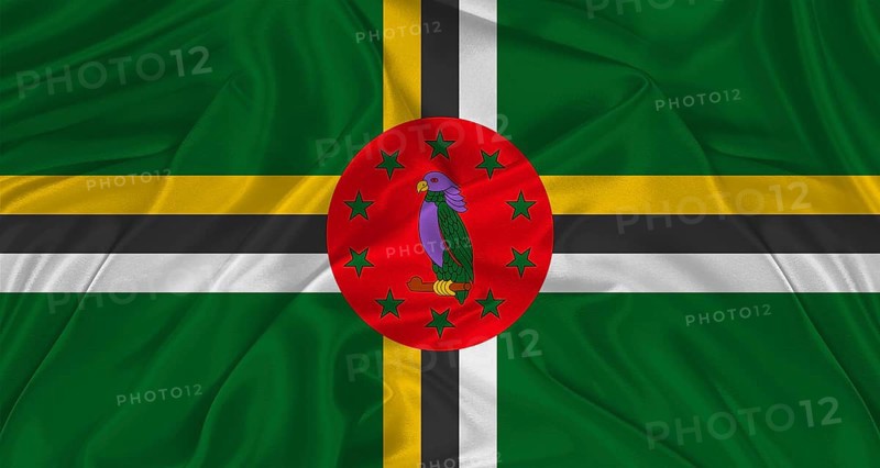 Flag of Dominica with cloth texture. Close up of Dominica flag waving