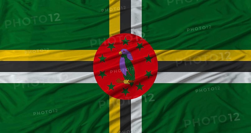 Dominican flag waving. Flag of Dominica with cloth texture
