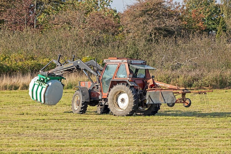 Tractor transporting bales of silage wrapped in film, Falshöft, Pommerby, Schleswig-Holstein, Germany