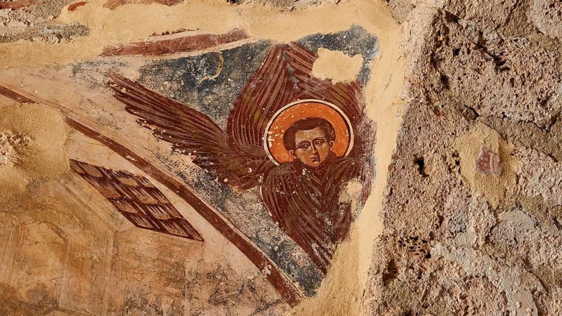Post-Byzantine church of Agios Nikolaos from the 17th century AD, old fresco depicting an angel and halo on a wall, Mystras, Mistra, UNESCO World Heritage Site, medieval Byzantine ruined city, north-west of Sparta, foothills of the Tyagetos Mountains, Peloponnese, peninsula, Greece