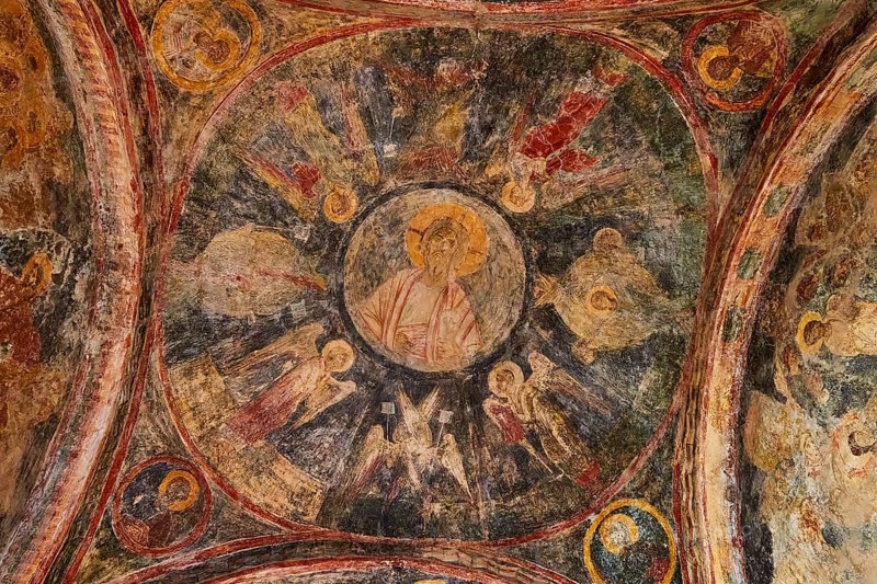Church of Agia Sophia from the 14th century AD, detailed frescoes on the church ceiling with religious motifs, Mystras, Mistra, UNESCO World Heritage Site, medieval Byzantine ruined city, north-west of Sparta, foothills of the Tyagetos Mountains, Peloponnese, peninsula, Greece