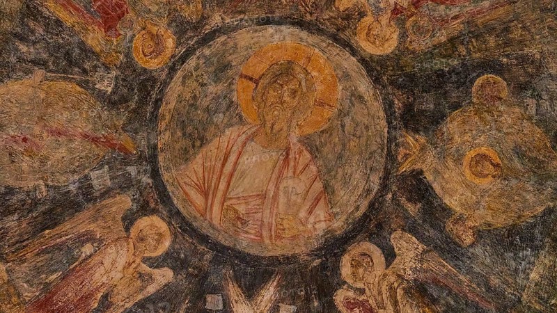 Church of Agia Sophia from the 14th century AD, fresco depicting Jesus surrounded by angels and symbols, Mystras, Mistra, UNESCO World Heritage Site, medieval Byzantine ruined city, north-west of Sparta, foothills of the Tyagetos Mountains, Peloponnese, peninsula, Greece