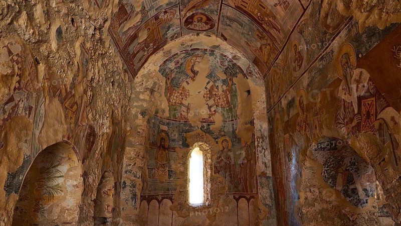 Post-Byzantine church of Agios Nikolaos from the 17th century AD, Decorated interior of an old church with religious frescoes, Mystras, Mistra, UNESCO World Heritage Site, Medieval Byzantine ruined city, north-west of Sparta, foothills of the Tyagetos Mountains, Peloponnese, peninsula, Greece