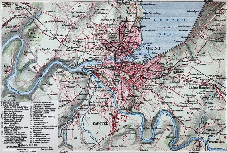 Geneva, historical city map from 1906, Switzerland