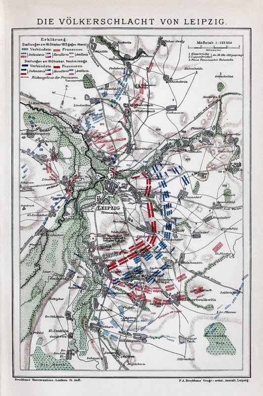 Battle of Leipzig, historical maps with positions of Napoleon's army and the allied troops