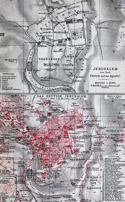 Jerusalem, historical city map from 1907, the old and the new Jerusalem, Palestine