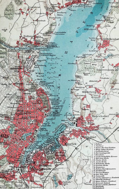 Kiel and Kiel harbour, historical city map from 1907