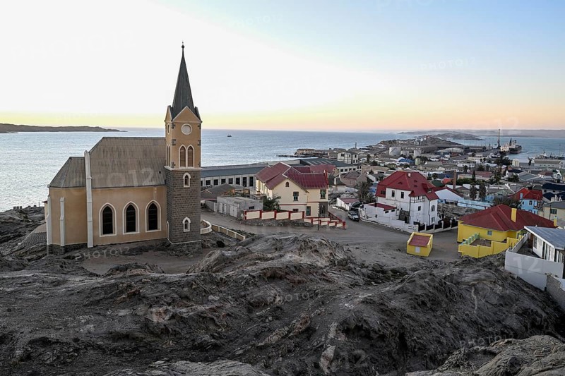 View of the rock church from 1912, blue hour, Lüderitz, Karas Region, Namibia