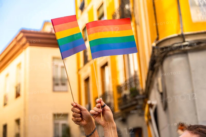 Hands are raising two small rainbow flags, symbolizing lgbtq plus pride, diversity, and equality, against an urban background during a daytime celebration or protest event