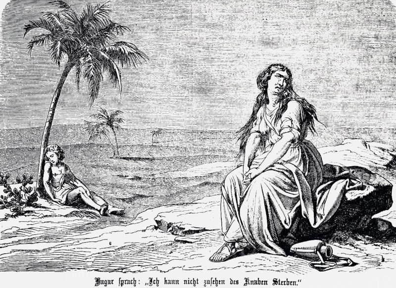 Hagar cannot bear the suffering of her thirsty son Ishmael in the desert, dying of thirst, water jug, palm tree, dying, mother, grief, suffering, loneliness, Genesis, chapter 21, Genesis, Old Testament, Bible, historical illustration 1877