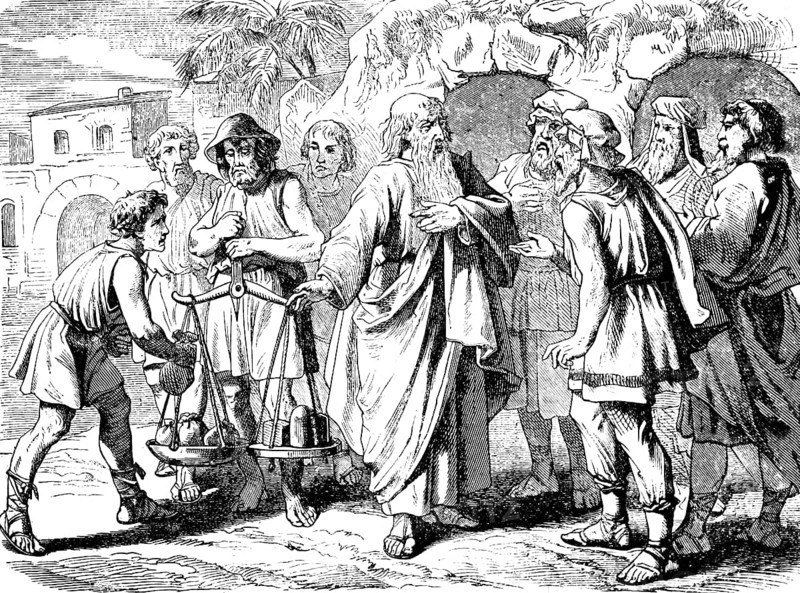 Abraham's woman Sarah dies at 127, he buys her an inheritance, city gate, group, merchant, scales, gold, money, trade, Genesis, chapter 18, Genesis, Old Testament, Bible, historical illustration 1877