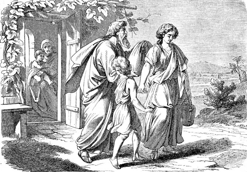 Expulsion of the Sagar, the strangers, son and woman of Abraham, Egyptian slave Sarah, are sent away, hut, open door, First Book of Moses, chapter 21, Genesis, Old Testament, Bible, historical illustration 1877