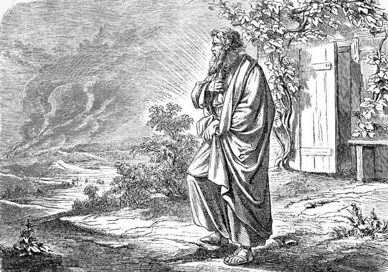 Abraham looks at the burning Sodom and Gomorrah in the distance, rising smoke, conflagration, hut, vines, landscape, First Book of Moses, chapter 19, Genesis, Old Testament, Bible, historical illustration 1877