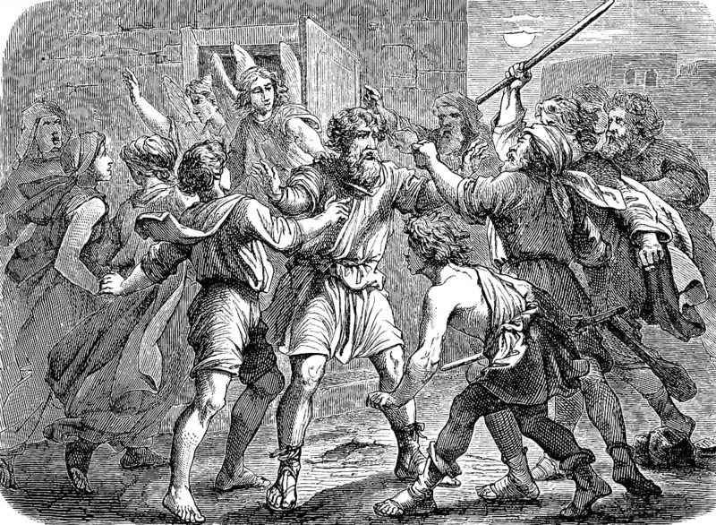 The Eidammers want to take Lot's daughters by force, Lot defends himself, attack, fight, turmoil, stick, angel, First Book of Moses, chapter 19, Genesis, Old Testament, Bible, historical illustration 1877