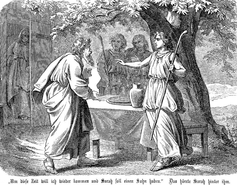 Abraham is to father a son, his woman Sahra overhears the conversation, garden scene, hut, three young men, laid table, tree, First Book of Moses, Chapter 18, Genesis, Old Testament, Bible, historical illustration 1877