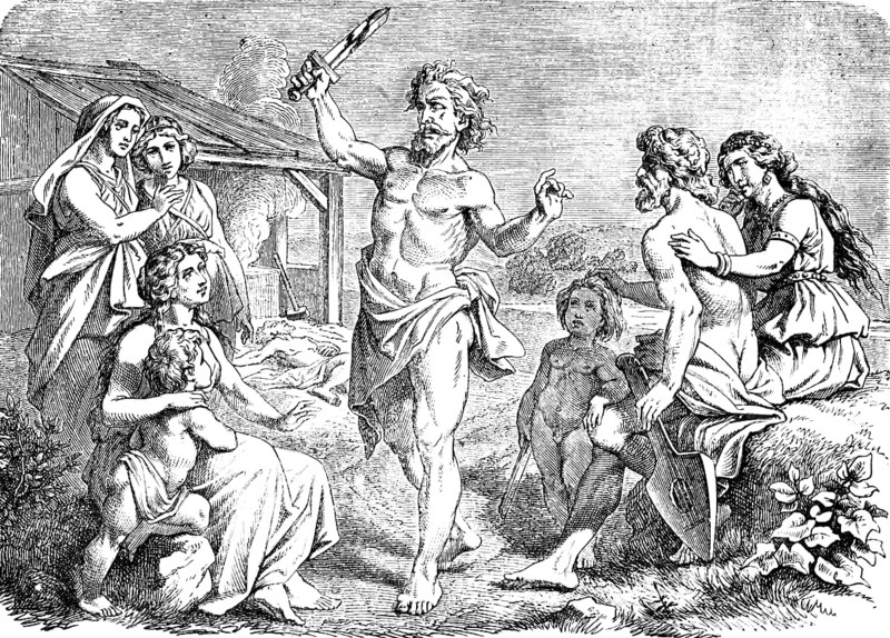 Lamech's Sword Song or Lamech Song, First Book of Moses, Chapter 5, Genesis, song, dance, audience, child, woman, man, hut, fire, landscape, Old Testament, Bible, historical illustration 1877