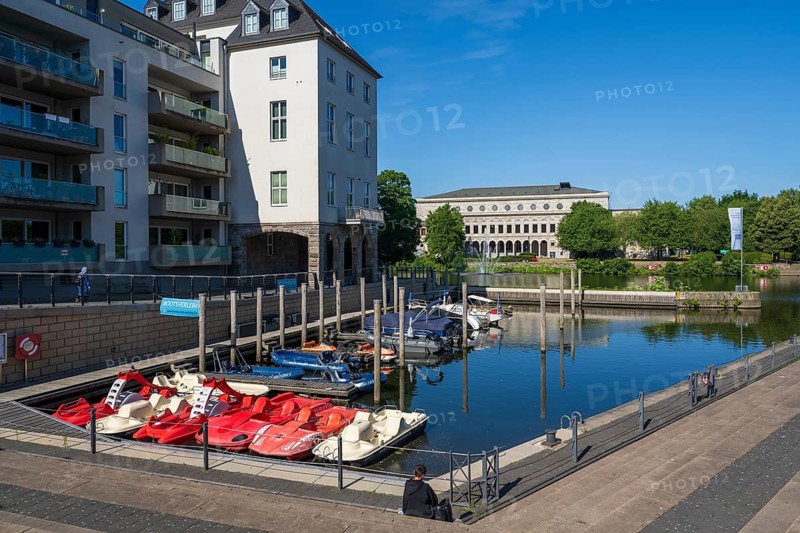 Town hall and town harbour, Mülheim an der Ruhr, Rur region, North Rhine-Westphalia, Germany