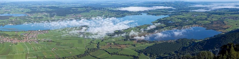 Panorama from Tegelberg, 1881m, on Schwangau, Waltenhofen, Hopfensee, Forggensee and Bannwaldsee, Ostallgäu, Bavaria, Germany